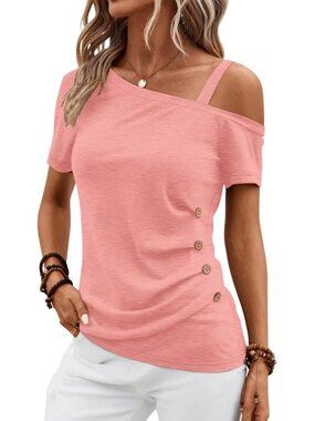 👑 Women's Coral Pink Short Sleeve Off Shoulder Asymmetrical Button Blouses Tops